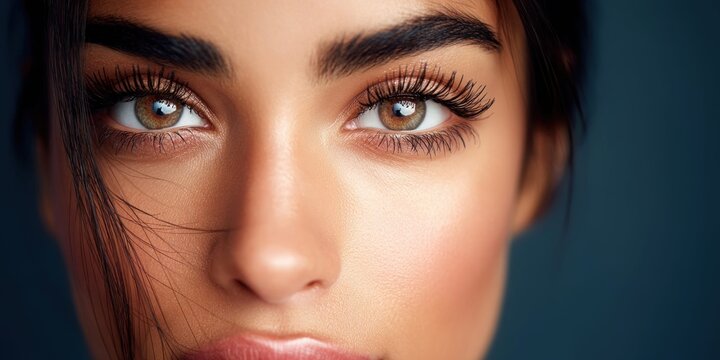 Close-up portrait of a beautiful woman's eyes with long lashes and perfect eyebrows