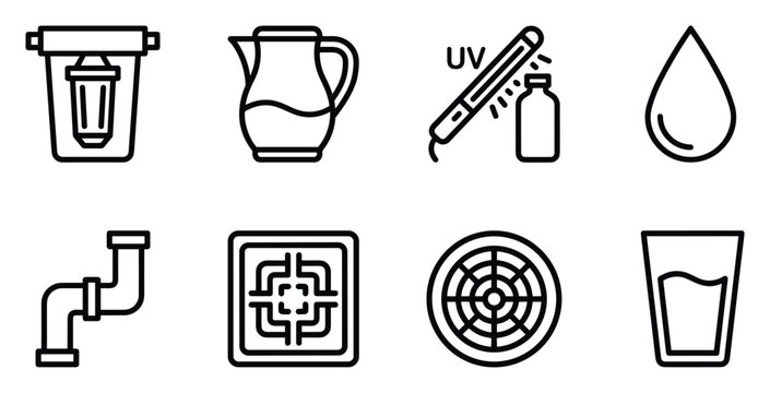 Water purification and treatment icons for filtration and healthy drinking.