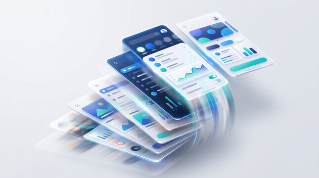 Multiple futuristic smartphone screens displaying various data analytics and user interfaces in a dynamic, layered composition.