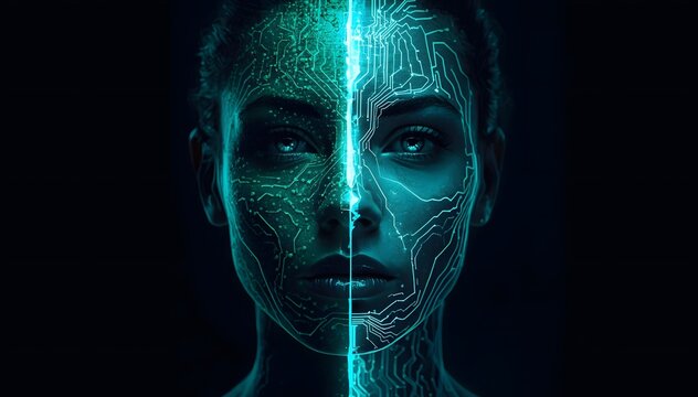 Human Face Split into Organic Skin Pores and Liquid Neon Circuits, Bioelectric Identity and Cybernetic Energy Flow Concept