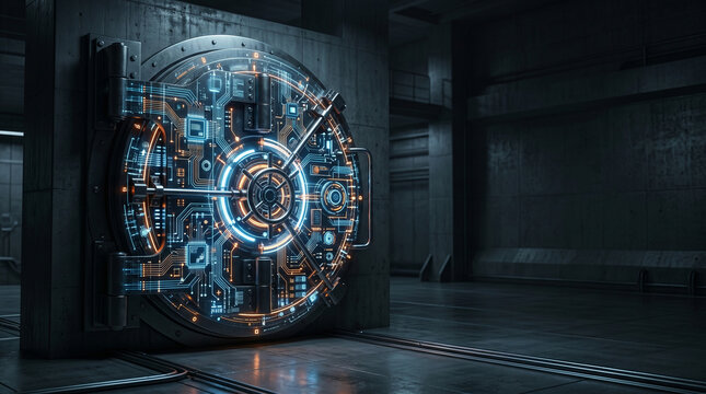 A futuristic, high-tech vault door with glowing circuitry stands in a dimly lit industrial room.