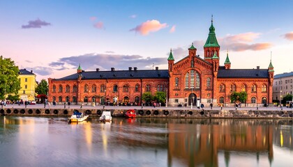 Fototapeta premium Ornate brick building on waterfront at sunset with boats and reflections