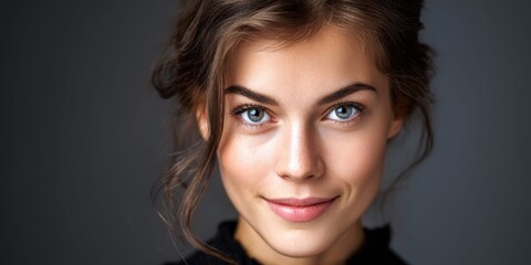 Naklejka premium Close-up portrait of a young woman with striking blue eyes and a gentle smile