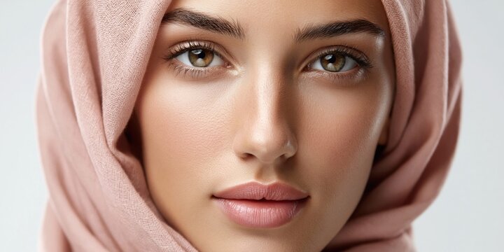 Beautiful Muslim woman with glowing skin wearing a soft pink hijab