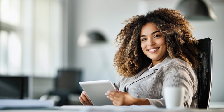Smiling plus-size businesswoman with curly hair using a tablet in a modern office setting