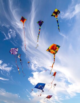 Colorful kites soaring in a bright blue sky with wispy clouds