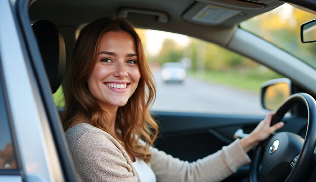 Smiling young woman sits in the driver seat of a car.