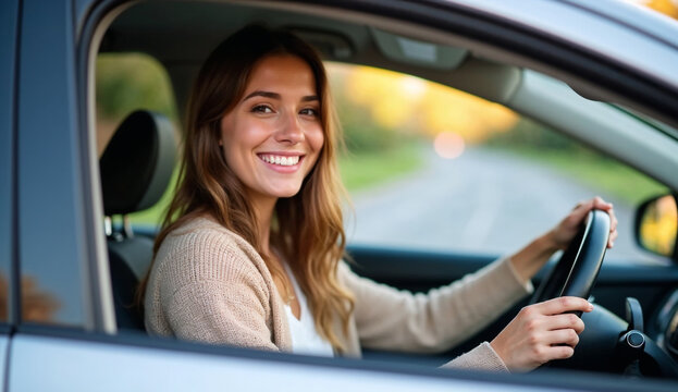 Smiling young woman sits in the driver seat of a car.