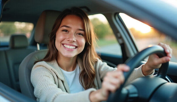 Smiling young woman sits in the driver seat of a car.