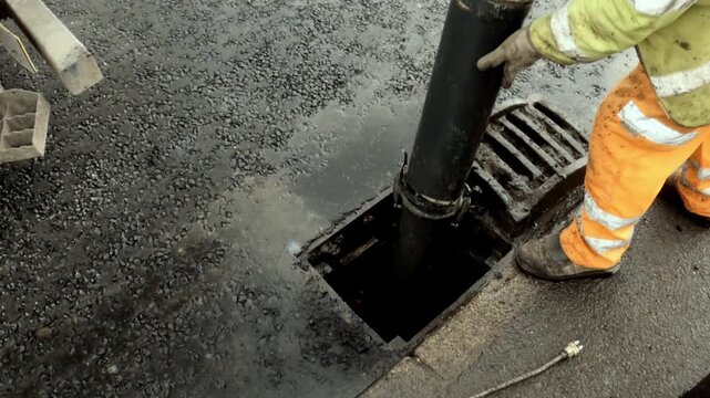 Workers repair a drainage system at a street in the city during daylight hours using a vacuum truck and tools