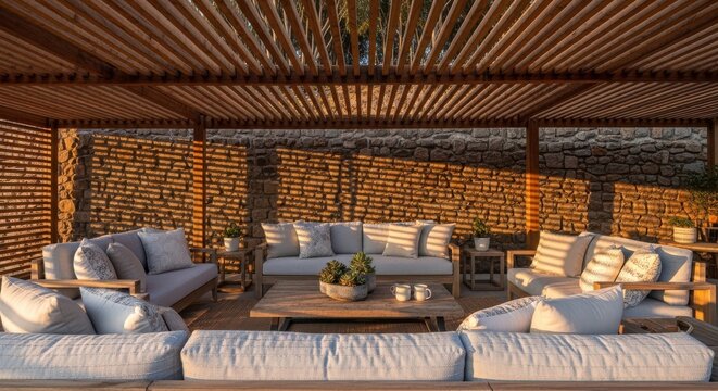 Expansive wooden slatted pergola covering a luxurious outdoor lounge area with comfortable seating and stone wall backdrop