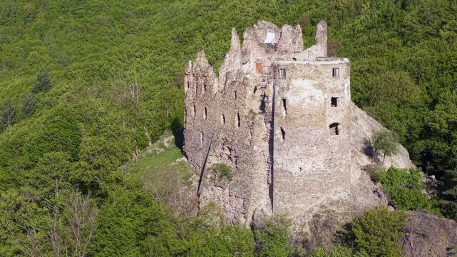 Medieval ruins of Sasovsky Castle perched on a steep rocky cliff surrounded by a dense green forest. Aerial perspective of a historic landmark