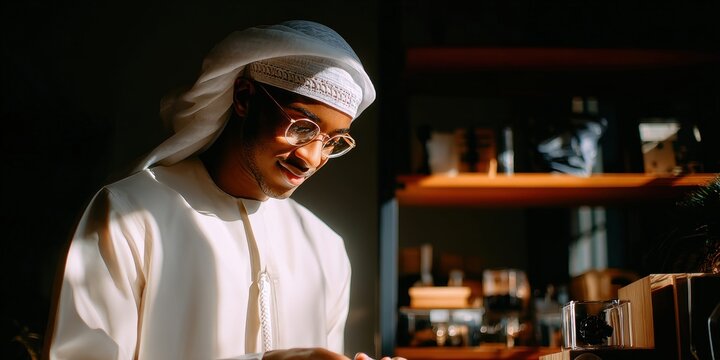 Young Arab man in traditional Kandura and ghutra smiling while looking down