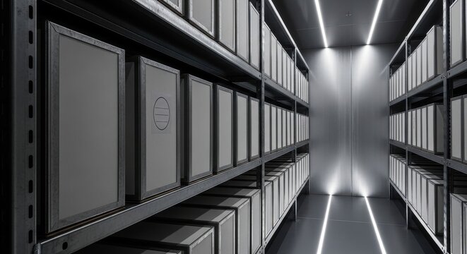 Rows of Uniform Storage Boxes Neatly Arranged on Industrial Steel Shelving in a Well-Lit Warehouse