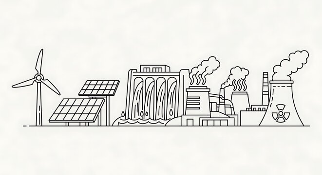 Industrial landscape with renewable energy sources and pollution illustration