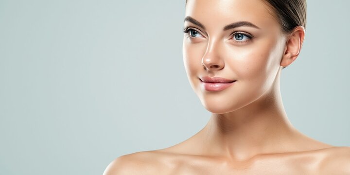 Close-up of a woman's face showcasing flawless skin and natural beauty