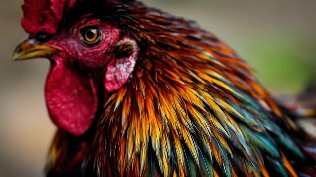 Close-up portrait of a colorful rooster with vibrant feathers and a red comb.