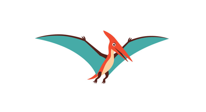 Colorful prehistoric pterodactyl dinosaur flying with large wings spread across a plain white background for educational use.