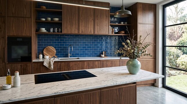 Sleek modern kitchen interior features rich walnut wood cabinetry and a stunning deep sapphire blue subway tile backsplash over the counter.