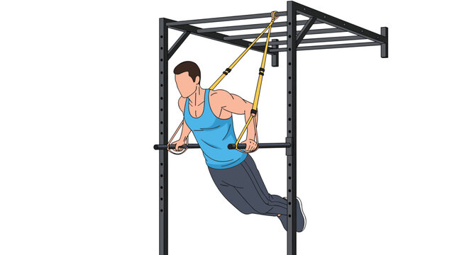 Athletic man performing triceps dips on parallel bars using suspension straps in a modern gym setting for strength training.