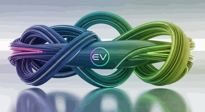 Abstract intertwining cable loop with EV logo and vivid gradients