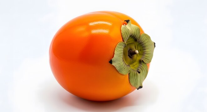 Single whole orange persimmon fruit with green calyx isolated on white background