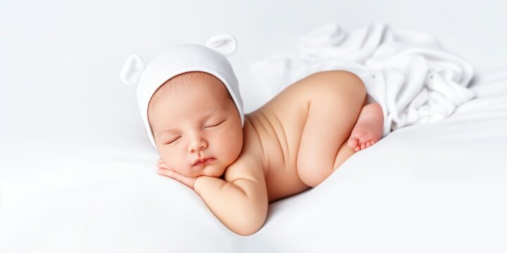 Adorable newborn baby sleeping peacefully on a soft white blanket wearing a cute bear hat