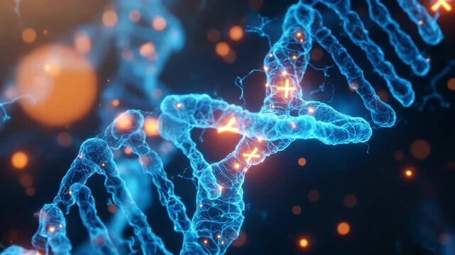 Abstract 3D illustration of a glowing blue DNA helix structure with bokeh lights.
