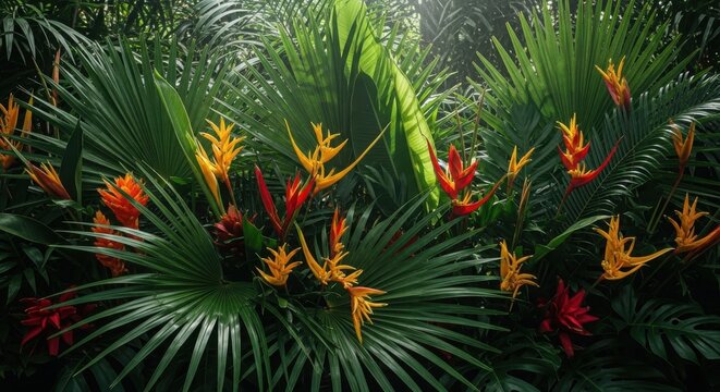 Vibrant tropical foliage featuring large palm leaves and exotic orange and red heliconia flowers in dense green undergrowth.