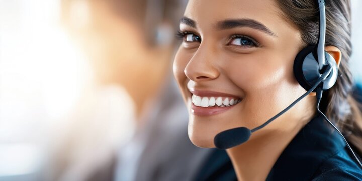 Smiling customer service representative with headset ready to assist clients with their needs