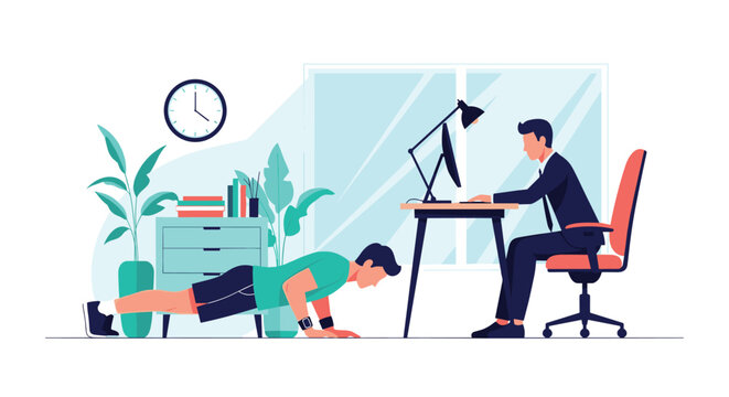Productivity concept showing a man doing pushups for a quick break while a coworker continues working at his office computer desk.