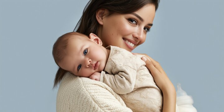Loving mother cradles her precious newborn baby with a gentle smile and warm embrace
