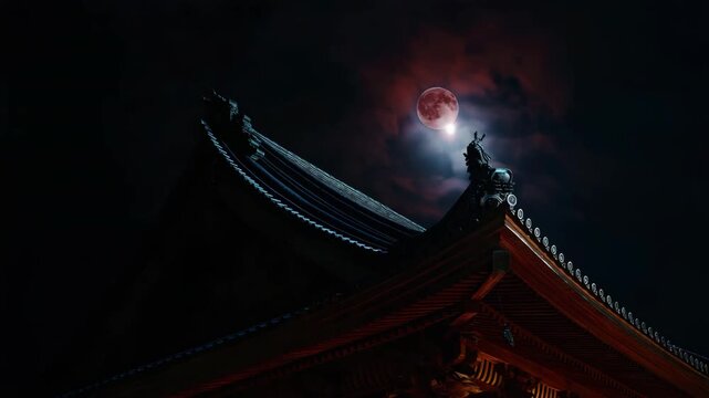 Full moon rises behind an ornate traditional temple roof, illuminated by warm red lighting.