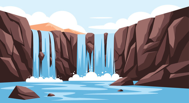 Beautiful landscape of a wide waterfall flowing over rocky cliffs into a blue pool under a bright sky with soft white clouds for nature design.