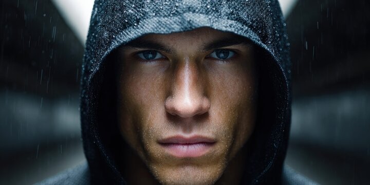 Intense man in hooded jacket with raindrops on his face, looking directly at camera