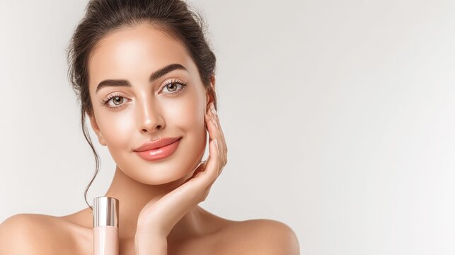 Beautiful woman with flawless skin holding a foundation bottle, promoting makeup and skincare products