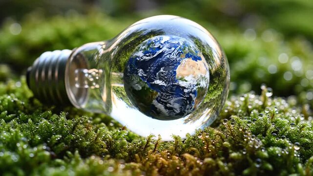 Earth reflected in light bulb on mossy ground, symbolizing green energy and sustainability