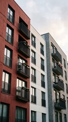 Fototapeta premium Modern Apartment Buildings with Balconies and Windows Against a Cloudy Sky.