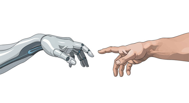 Modern vector illustration of a human hand and a robotic hand reaching towards each other on a white background, inspired by the classic Creation of Adam fresco painting.