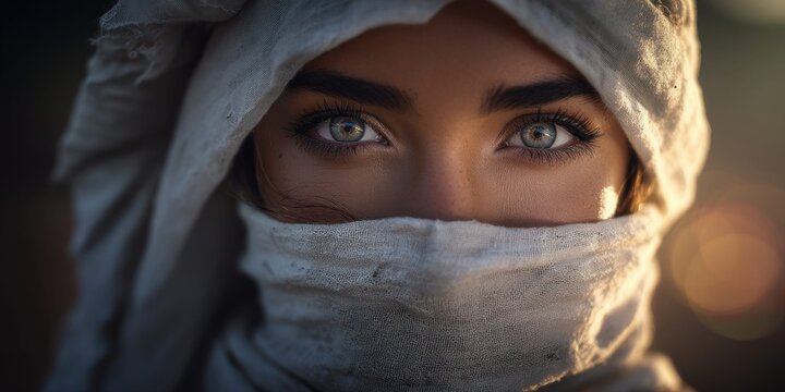 Close-up portrait of a woman with striking blue eyes and a veiled face