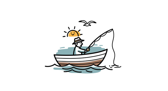 Happy Fisherman on Boat Fishing with Rod, Seagulls Flying, Sunny Day