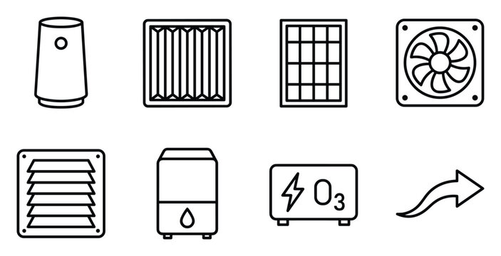 Air treatment devices including humidifier, fan, air purifier, ozone generator icon pack.