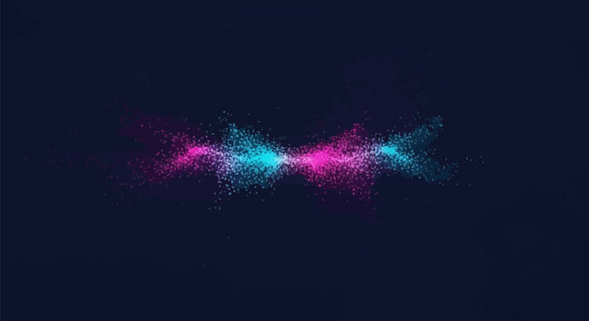 Abstract digital art featuring vibrant pink and cyan cosmic particles dispersed in a horizontal wave across a dark blue background, depicting interstellar dust or energy.