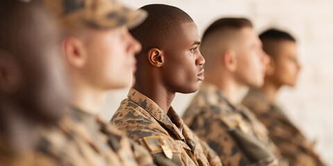 Fototapeta premium Diverse group of soldiers in uniform listening attentively during a military briefing