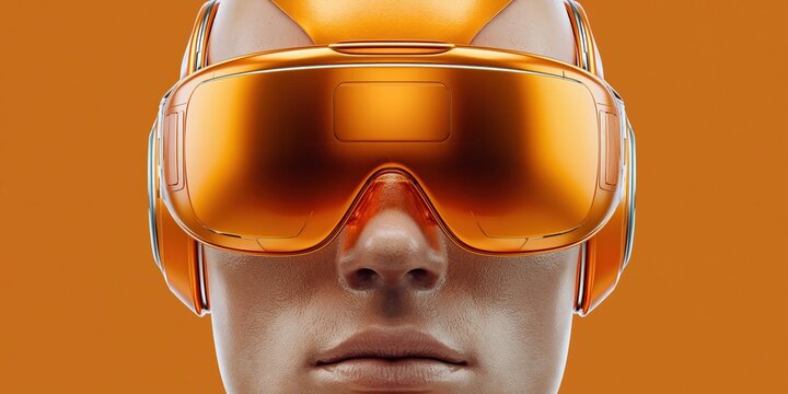 Futuristic AI robot with orange visor and headset against a warm orange background
