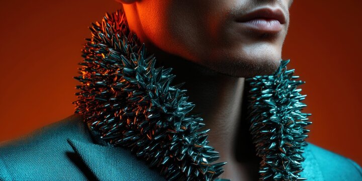Close-up of a man's neck and collar adorned with metallic spikes, dramatic lighting