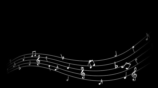 Abstract flowing white musical notes and wavy staff lines on black background, glowing audio and melody concept animation for arts and entertainment.