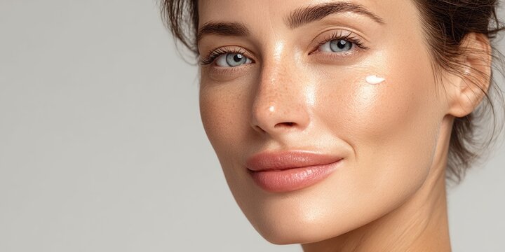 Close-up portrait of a woman with radiant skin and a dab of cream on her cheek