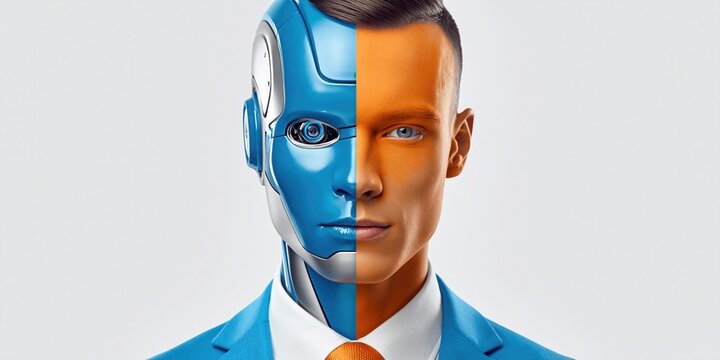 Split face portrait of a man and a robot, symbolizing AI integration in business