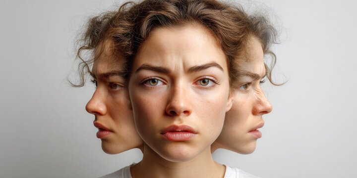 Woman's face with multiple profiles showing different emotions and expressions